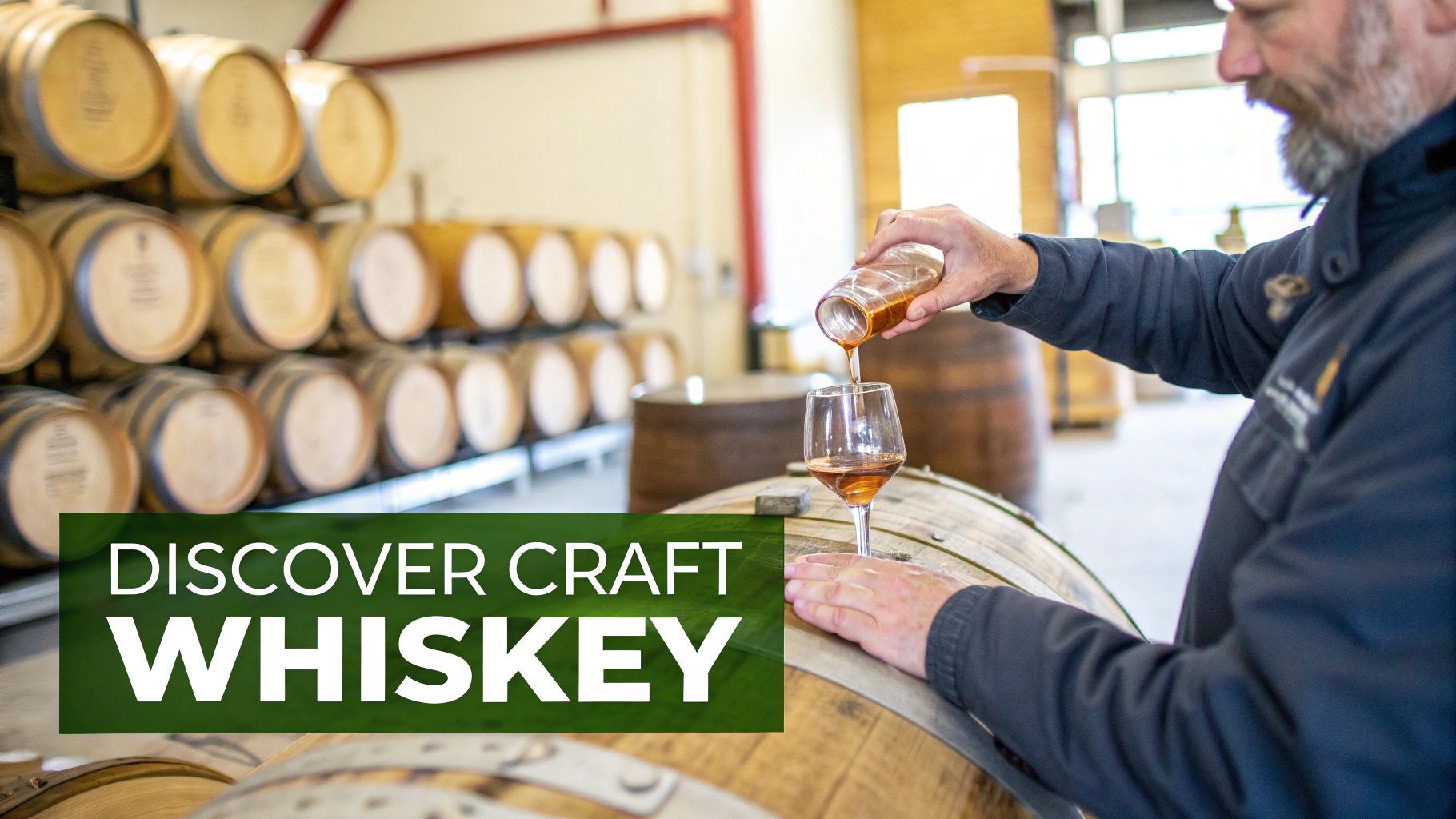 A man pours craft whiskey into a tasting glass atop a barrel in a distillery with many oak barrels.