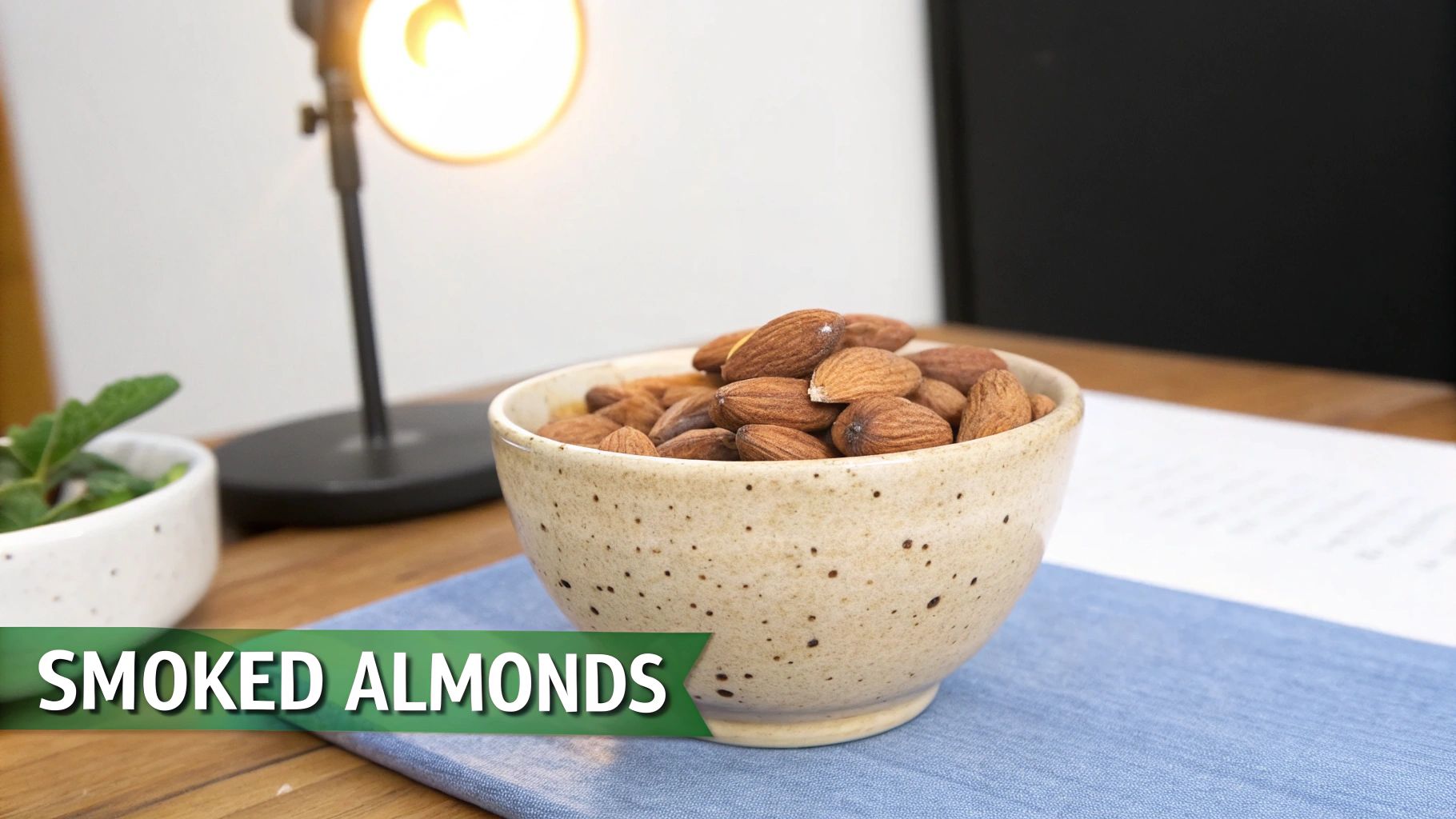 A speckled ceramic bowl overflowing with smoked almonds sits on a blue cloth, with a lamp in the background.