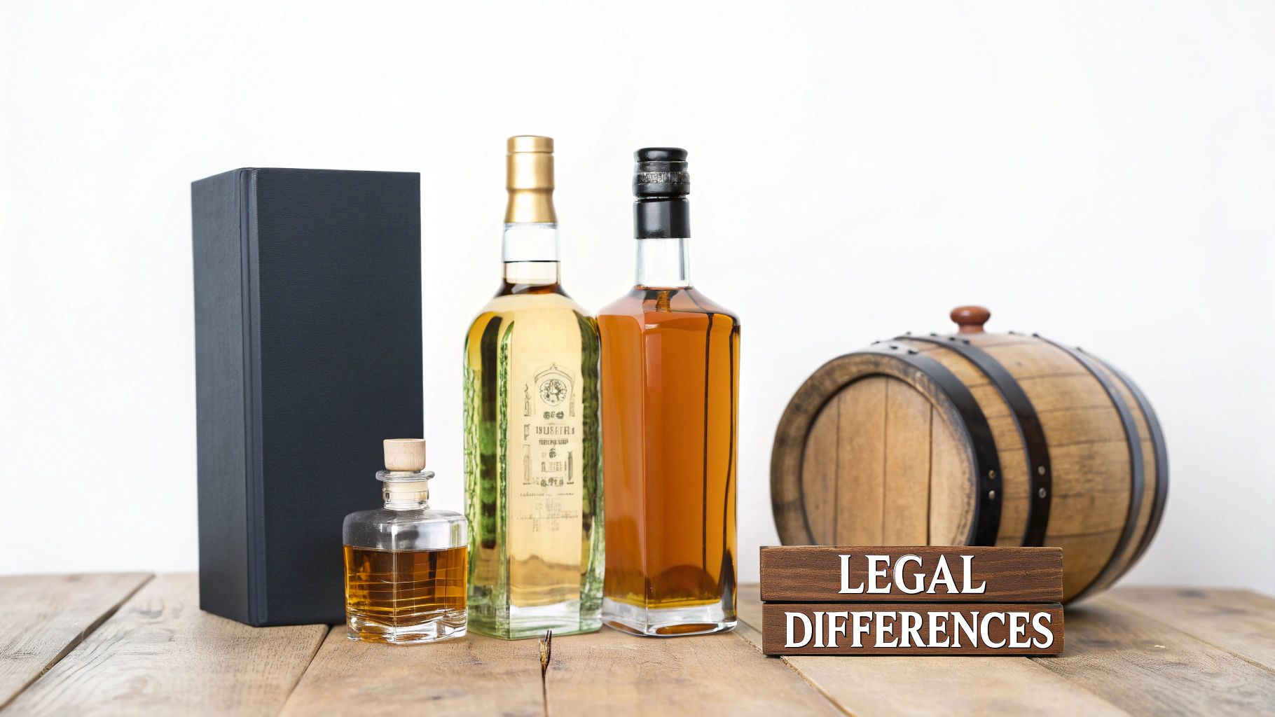 Bottles of spirits, a small barrel, and a sign reading 'Legal Differences' on a wooden table.