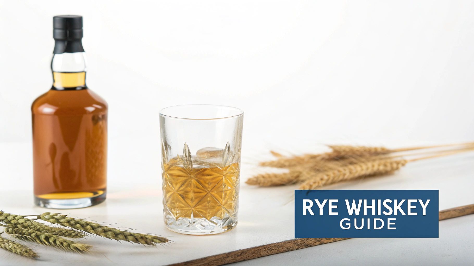 A bottle of rye whiskey, a glass with ice, and rye grains on a white surface.
