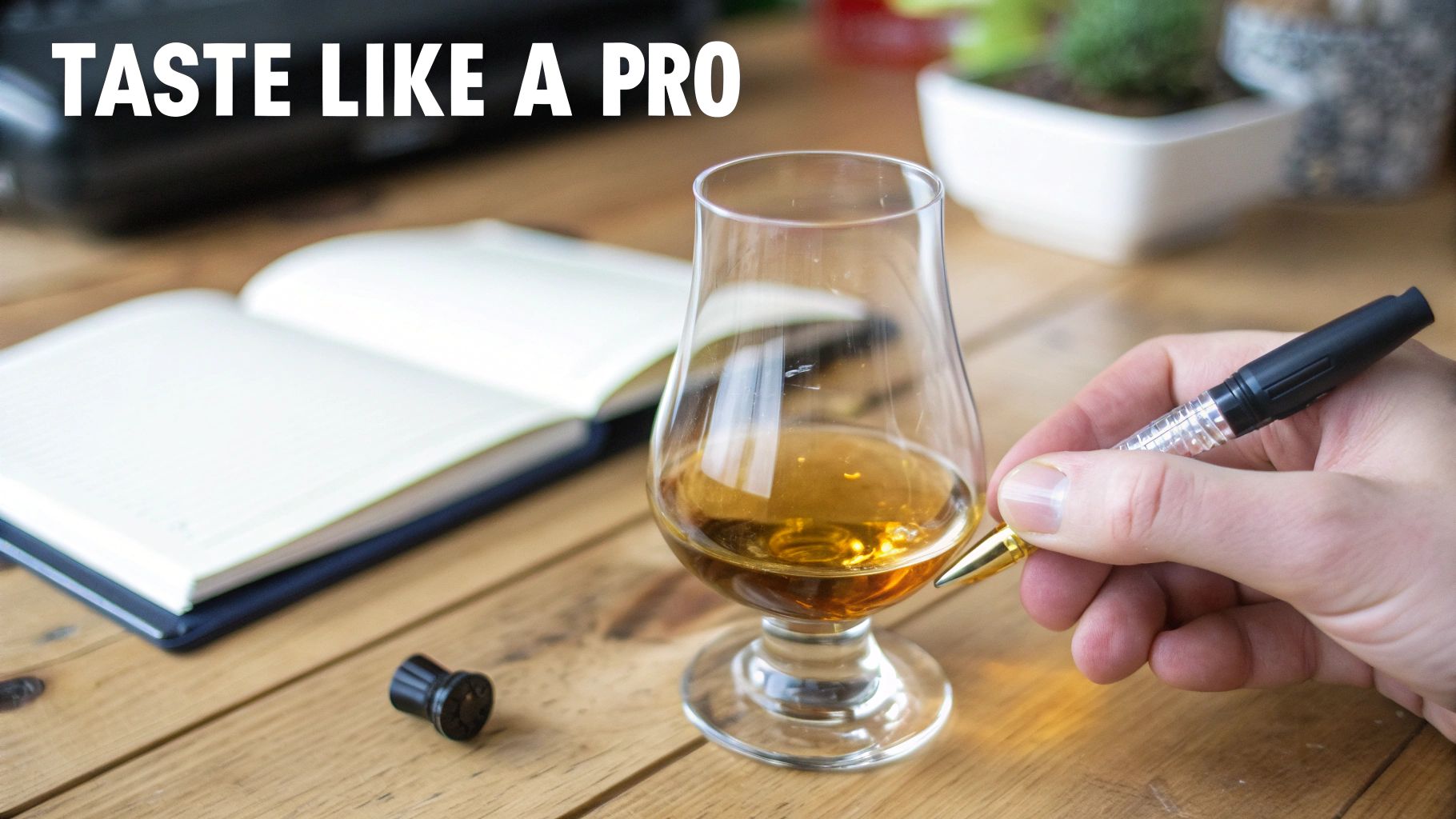 A hand takes notes beside a glass of whiskey and an open notebook on a wooden table.