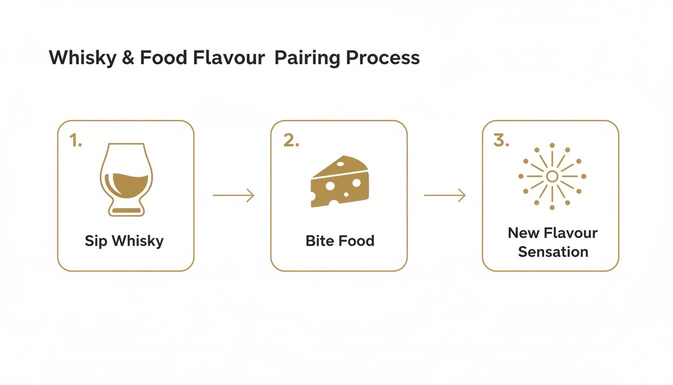 Diagram illustrating the three-step whisky and food flavor pairing process: sip whisky, bite food, new sensation.