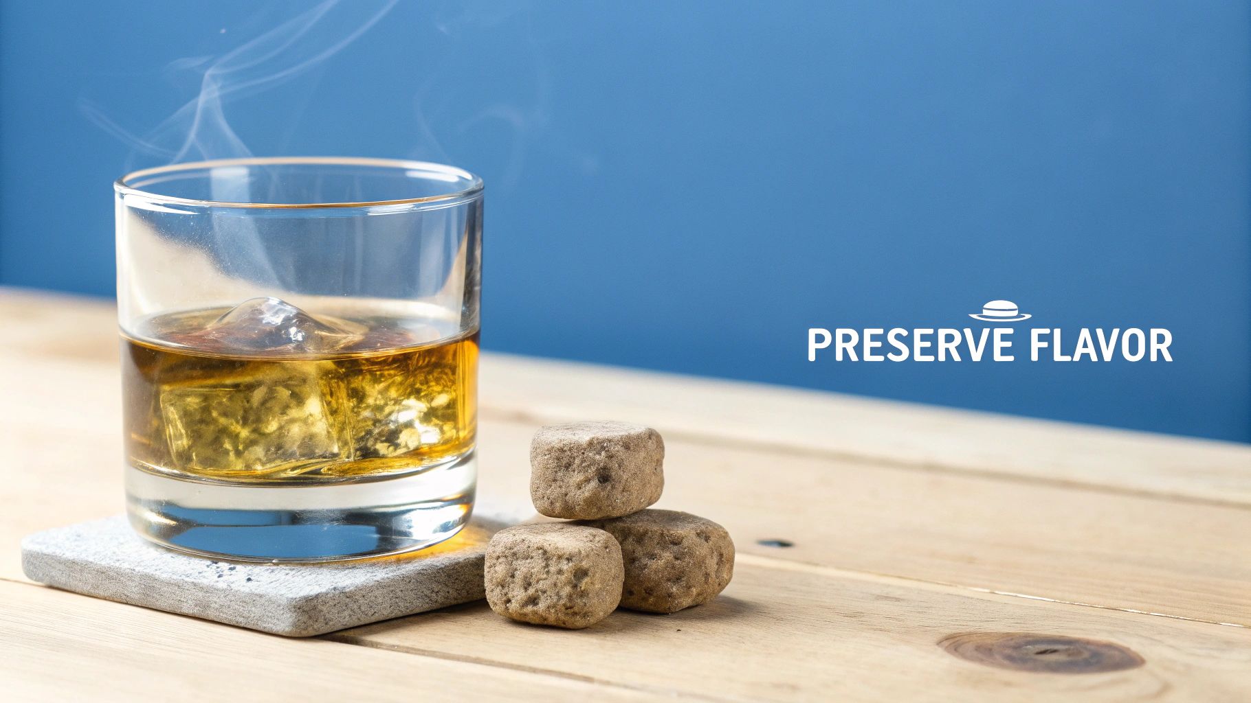 Glass of whiskey with ice, chilling stones, and "PRESERVE FLAVOR" text on a wooden table.