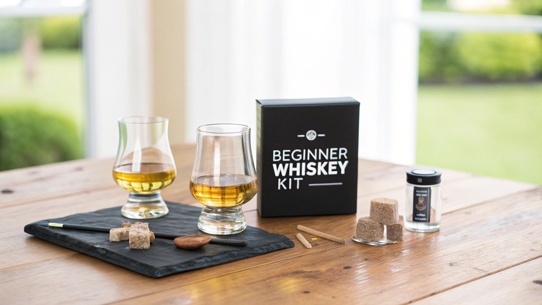A beginner whiskey kit with two glasses of whiskey, sugar cubes, a black box, and a small jar on a wooden table.