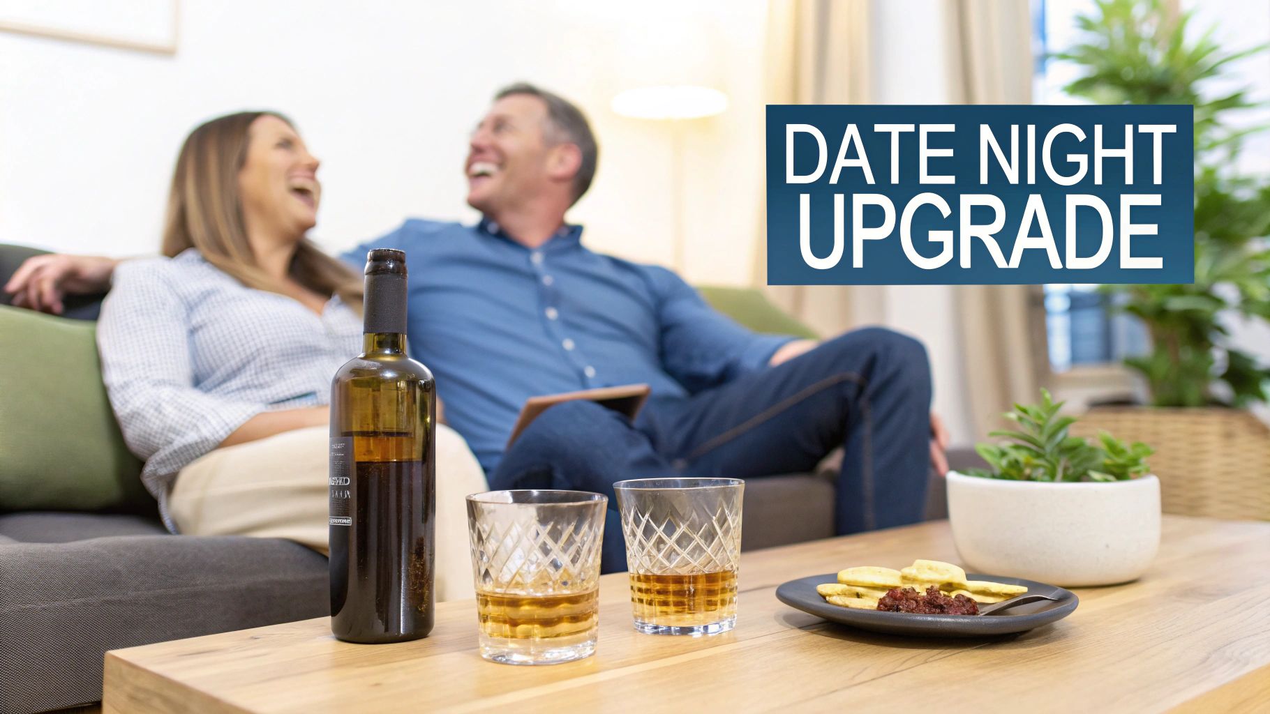 A happy couple on a couch enjoying drinks and snacks during a cozy date night at home.