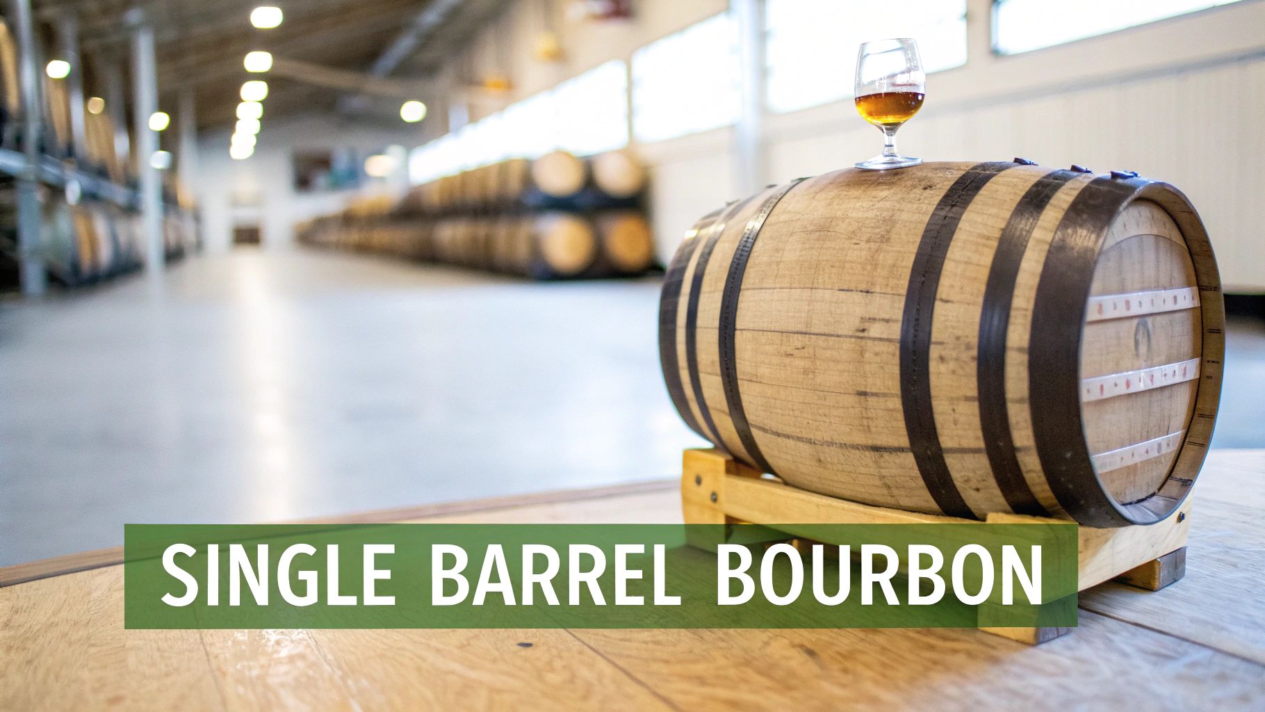 A glass of amber bourbon sits atop a single wooden barrel in a distillery with rows of barrels in the background.