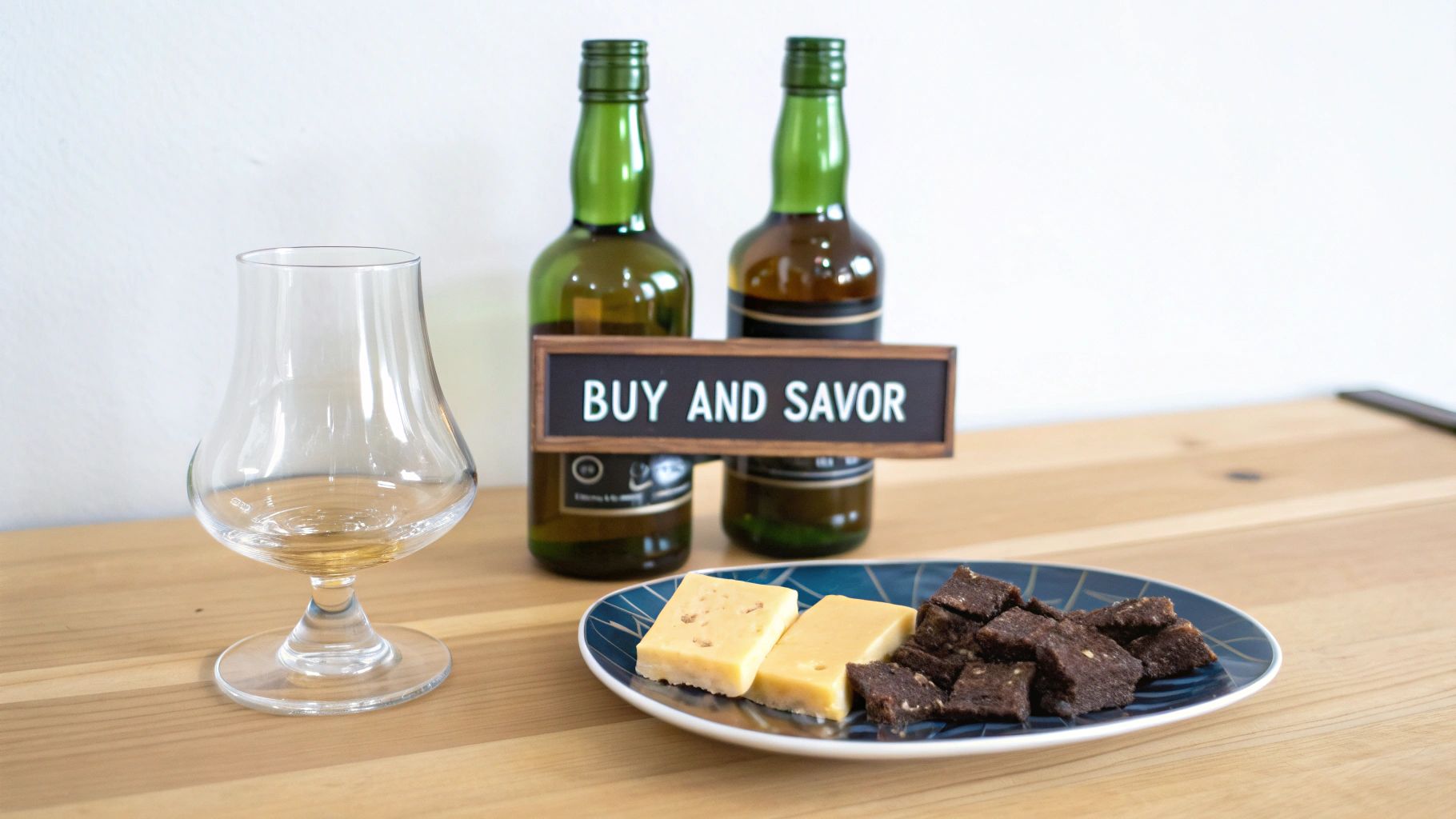 A whiskey glass, two bottles, a 'BUY AND SAVOR' sign, and desserts on a wooden table.