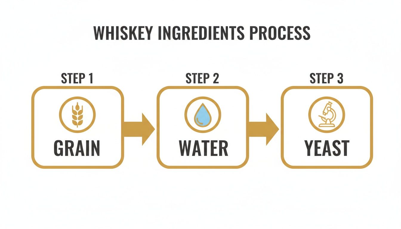 Diagram showing the whiskey ingredients process with steps for grain, water, and yeast.
