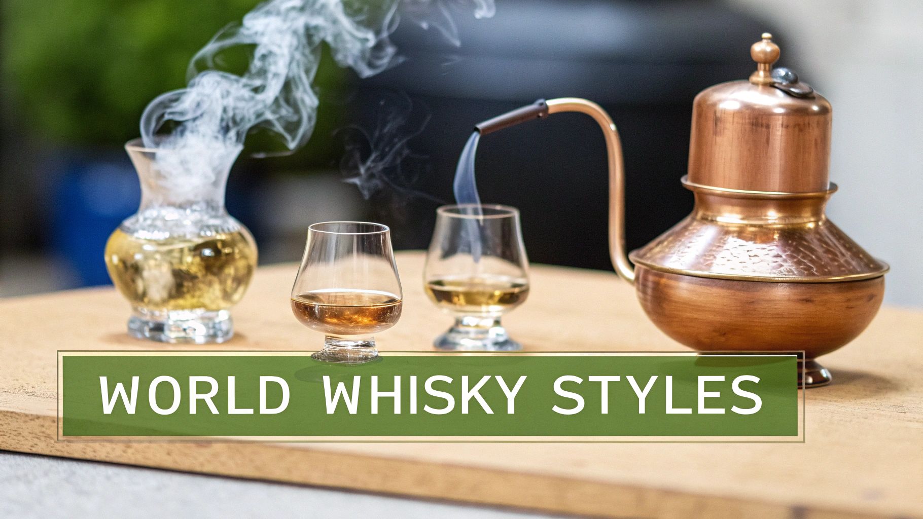 A stylish whiskey tasting setup with smoking spirits and a copper distiller, highlighting global styles.