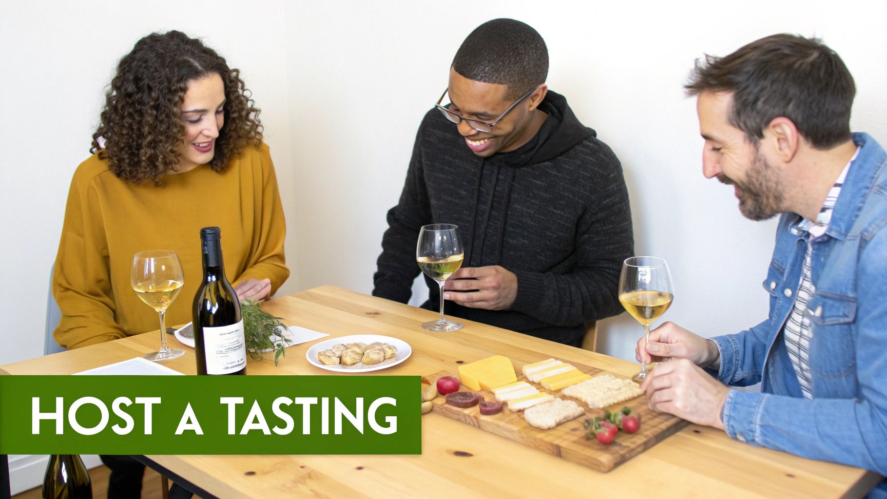 Three friends smiling while enjoying a wine and cheese tasting event at a wooden table.