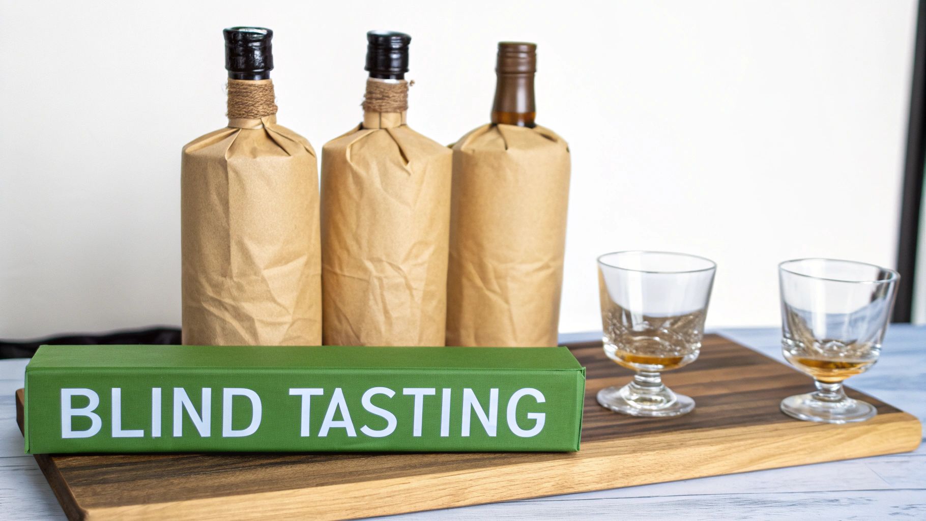 A blind tasting setup with three brown-wrapped bottles, two glasses of bourbon, and a 'BLIND TASTING' sign on a wooden board.