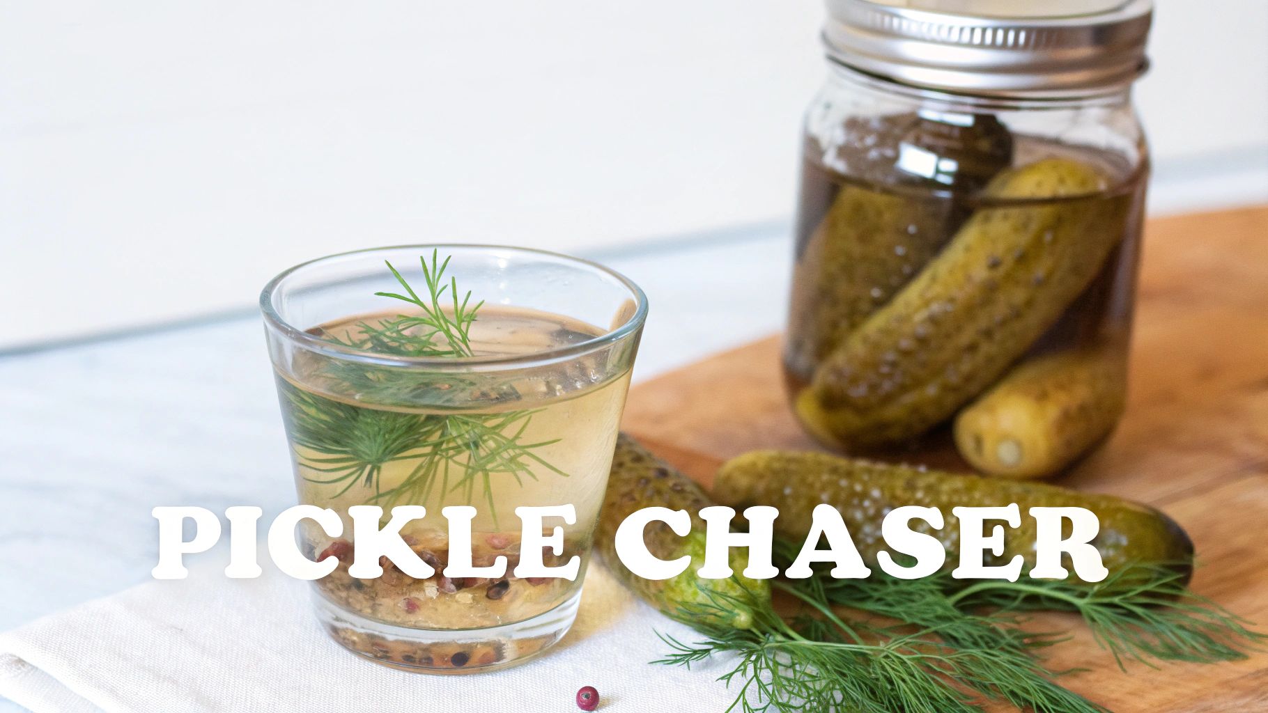 A glass of pickle juice with dill, a jar of pickles, and fresh dill with "PICKLE CHASER" text.