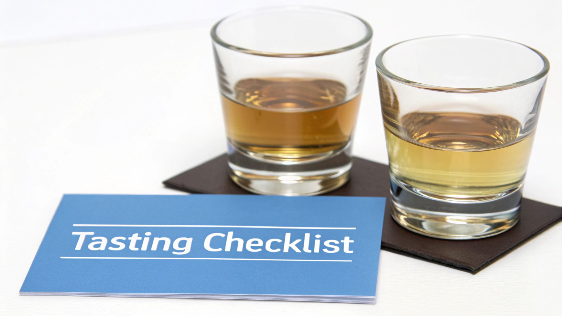 Two glasses of amber liquid, possibly whiskey or spirits, sit on dark coasters next to a 'Tasting Checklist' booklet.