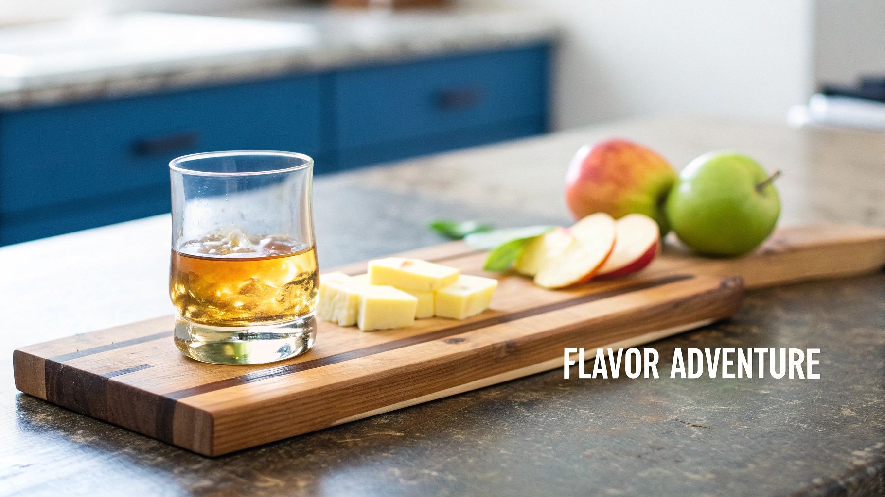 A glass of whisky on ice, with cheese cubes and sliced apples arranged on a wooden serving board.