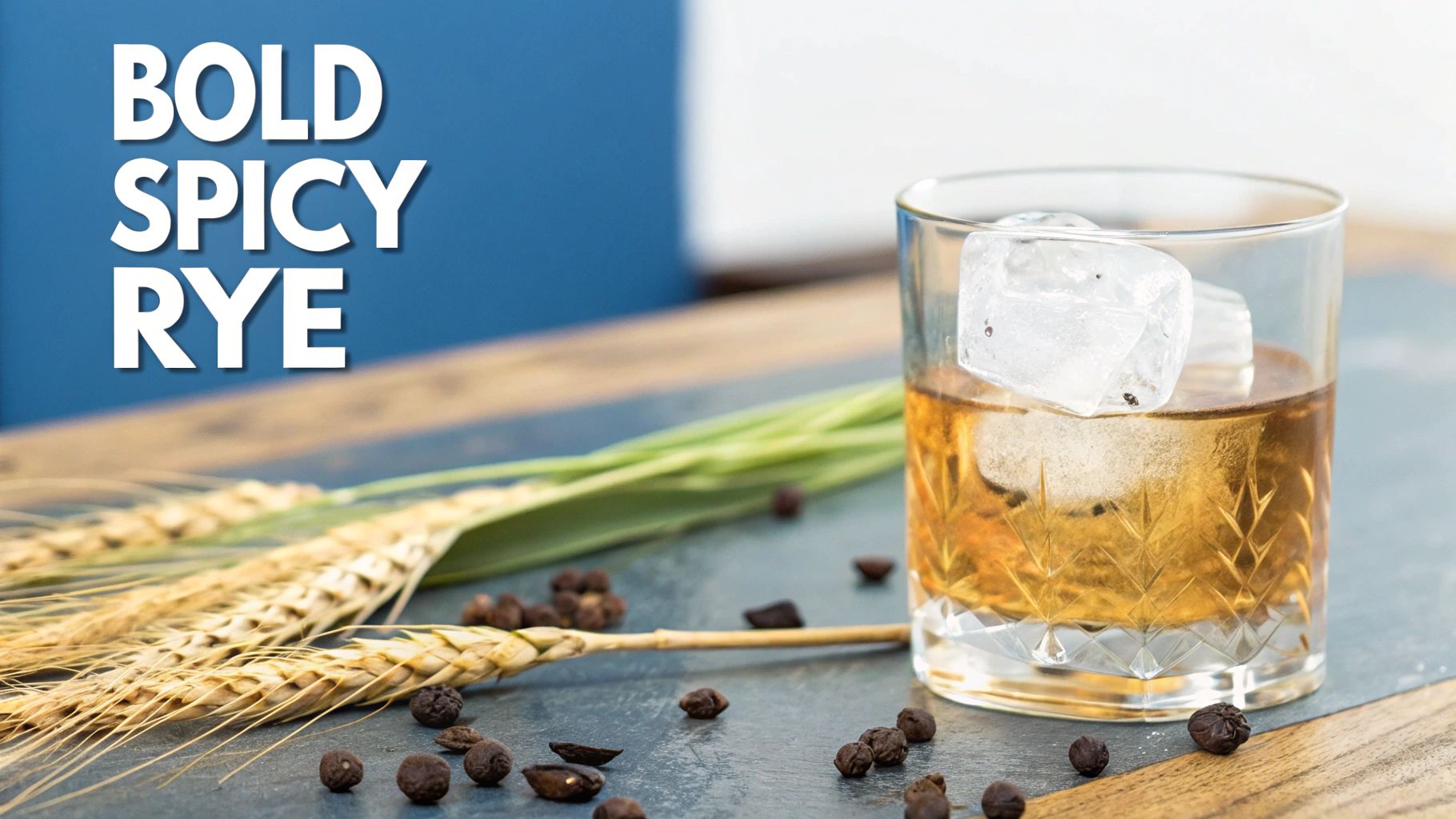 A glass of bold spicy rye whiskey with ice, rye grains, and peppercorns on a table.