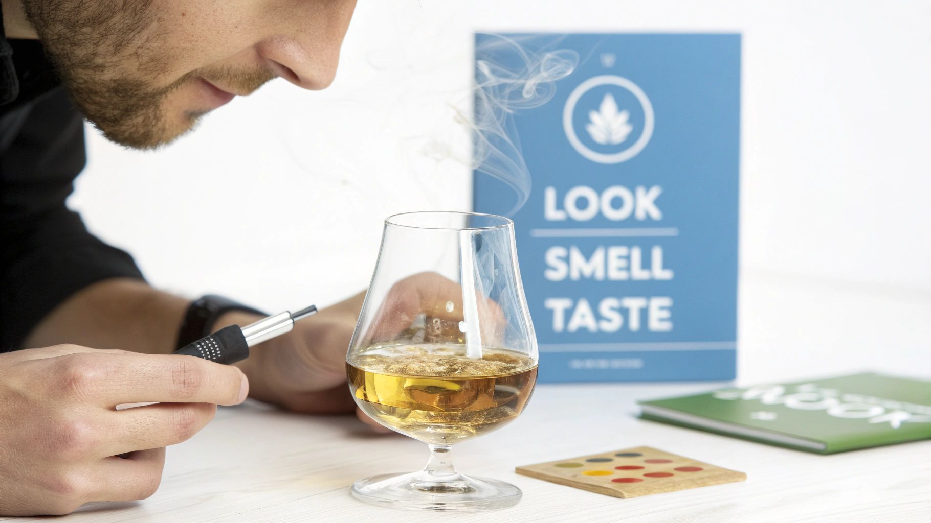 A close-up of a hand holding a Glencairn glass to the light for a whiskey tasting at home