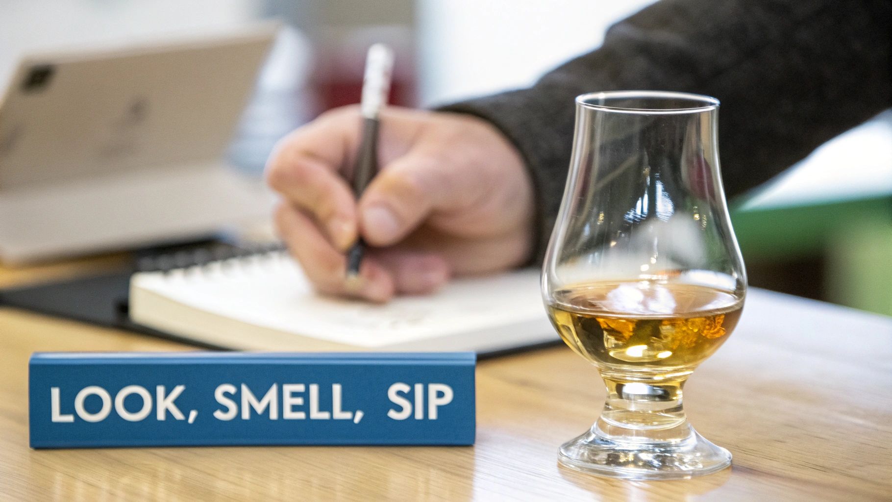 Person taking tasting notes while sampling whiskey in glencairn glass with guidebook