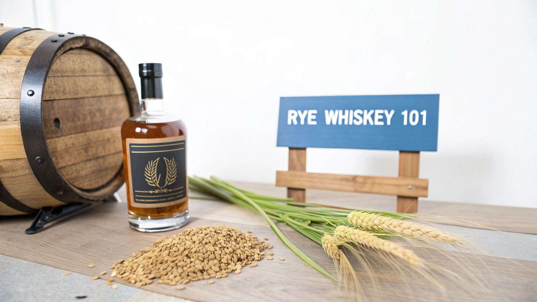 A whiskey bottle, barrel, rye grain, and wheat stalks on a table with a 'Rye Whiskey 101' sign.