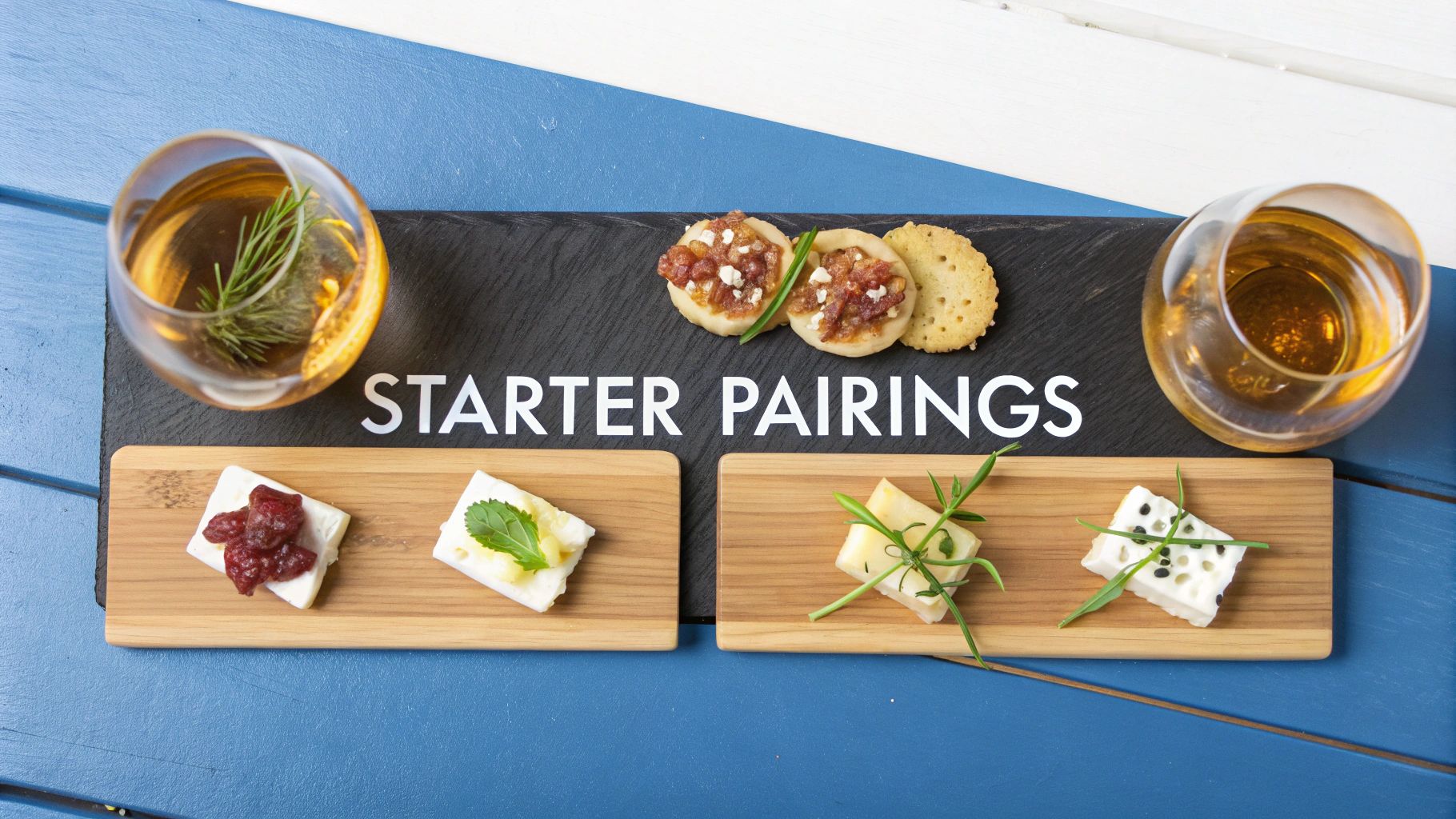 A beautiful arrangement of whisky and food on a table, ready for a pairing event.
