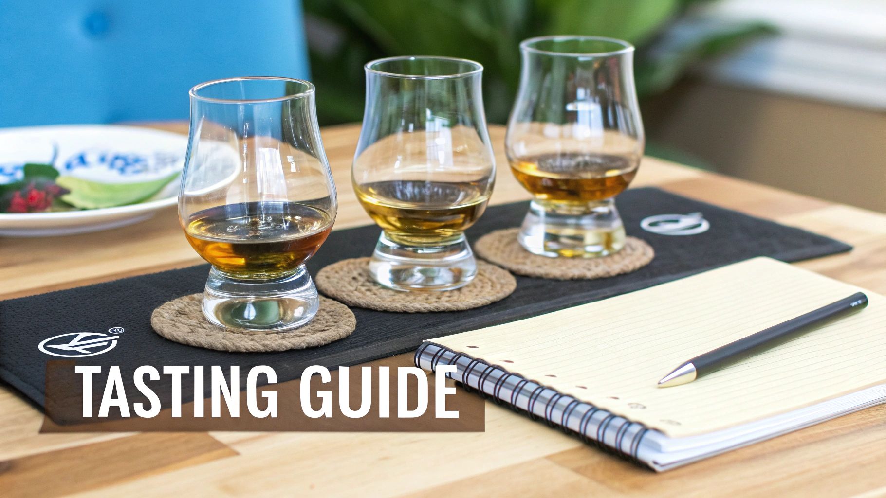 Three glasses of bourbon on a black tasting mat with coasters, a notebook, and a pen.