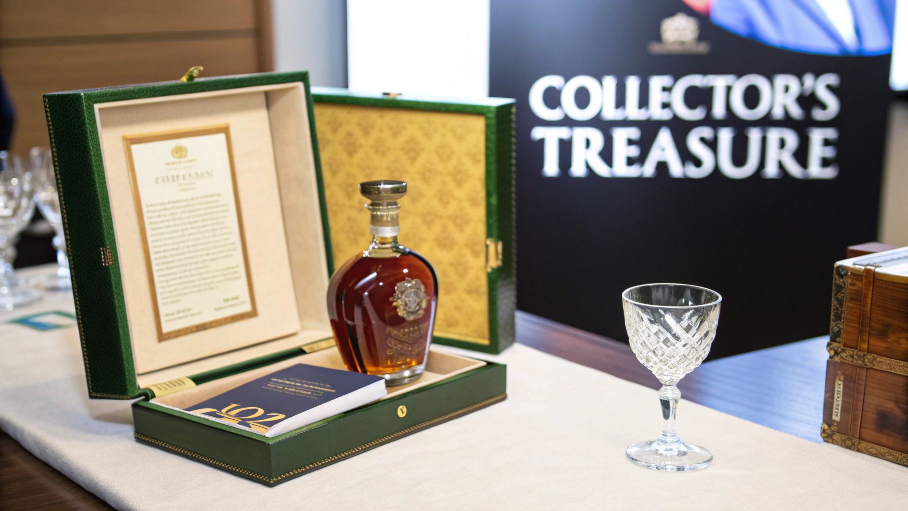 A luxurious bottle of amber liquor in a green velvet box with a crystal glass.