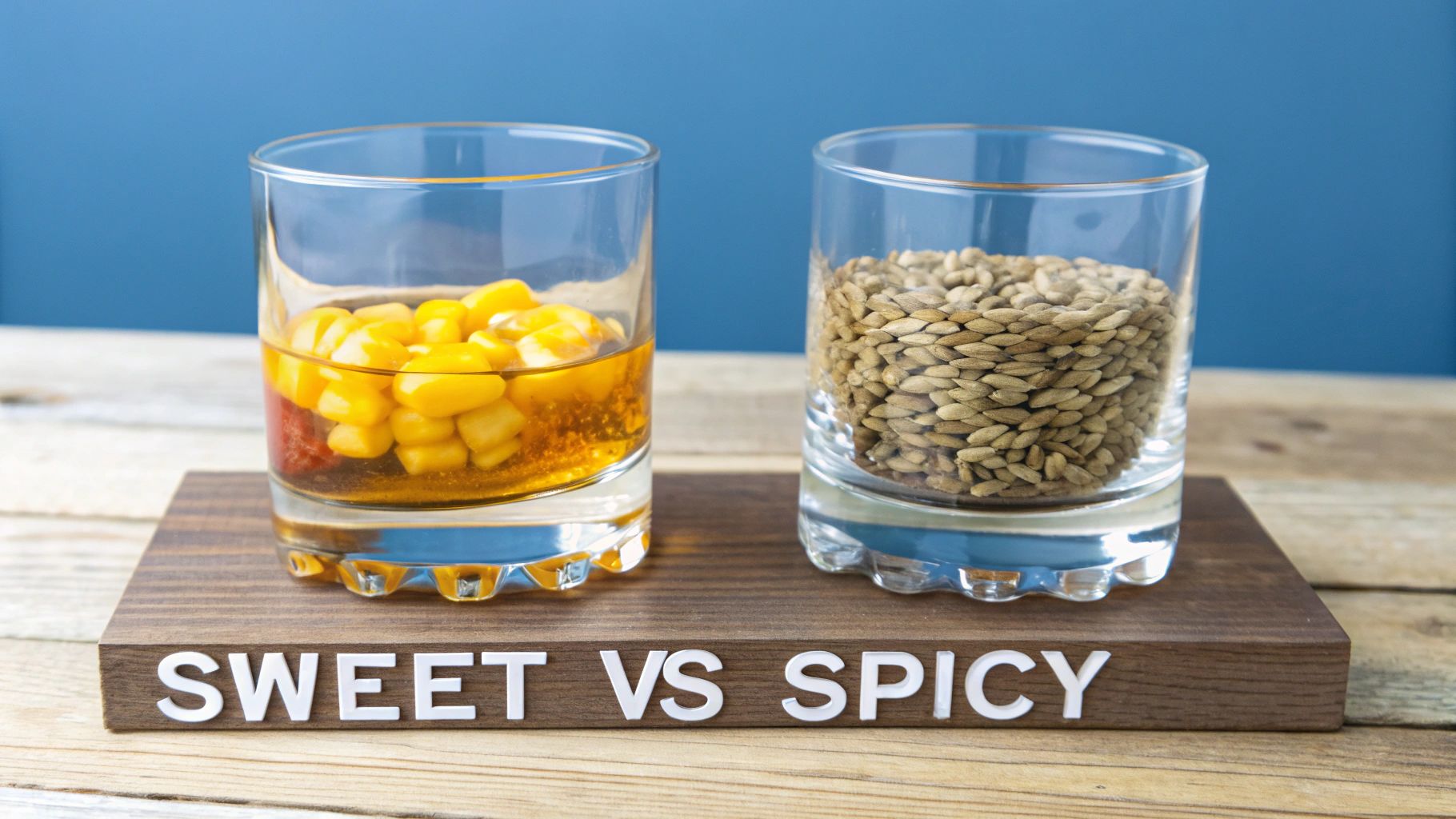 Two whiskey glasses, one with bourbon and one with rye, sitting on a wooden barrel.