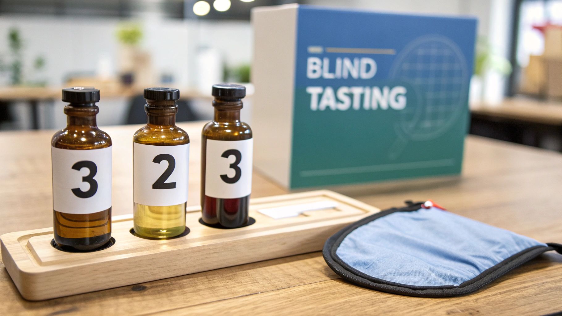 Three numbered bottles on a wooden tray, a 'Blind Tasting' box, and a blindfold.