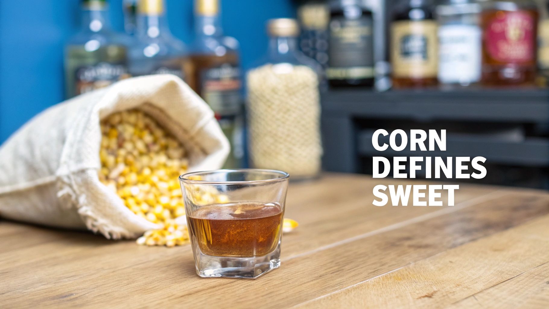 A glass of amber liquid next to a burlap sack spilling yellow corn kernels on a wooden table.