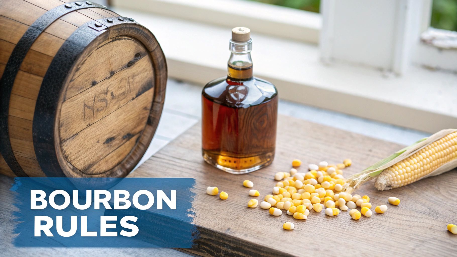 A close-up of a glass of bourbon on a wooden barrel.