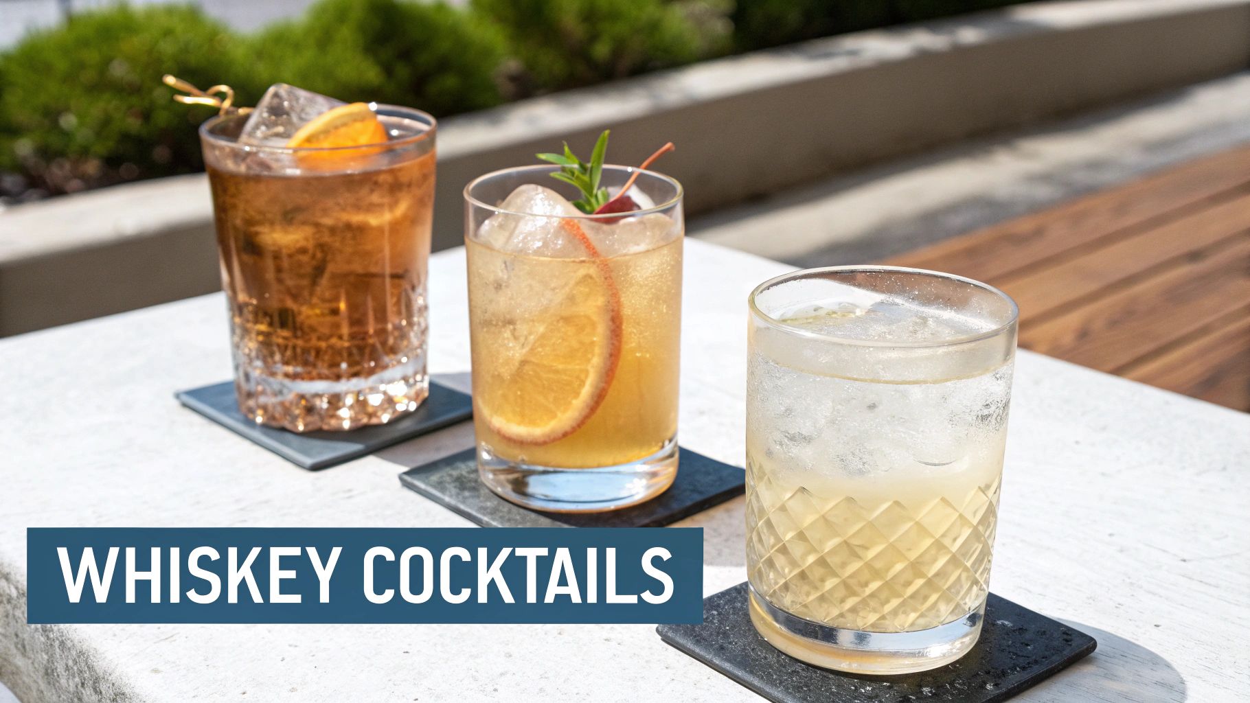 A classic Old Fashioned cocktail garnished with an orange peel