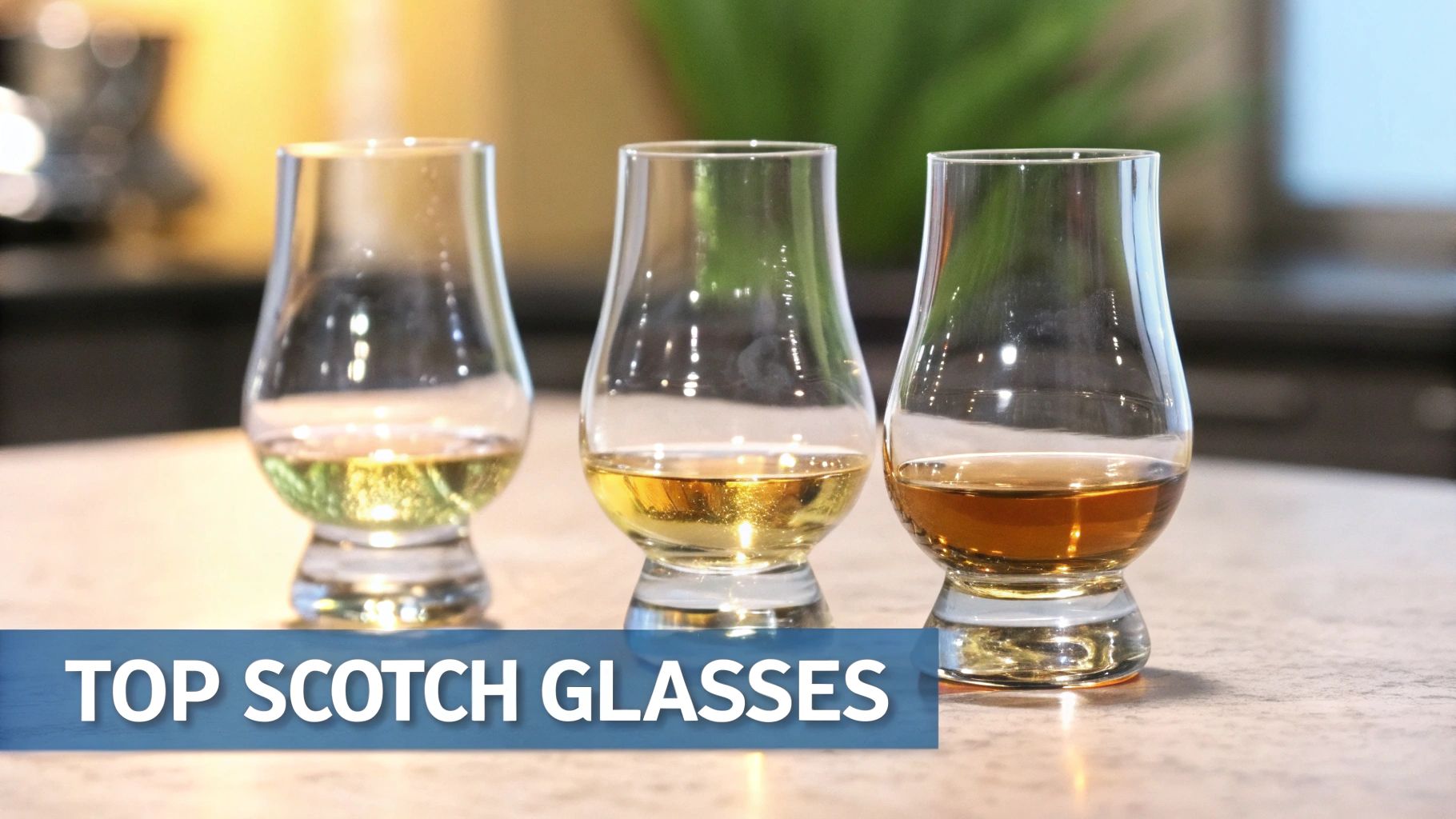 A collection of different scotch whiskey glasses on a wooden surface