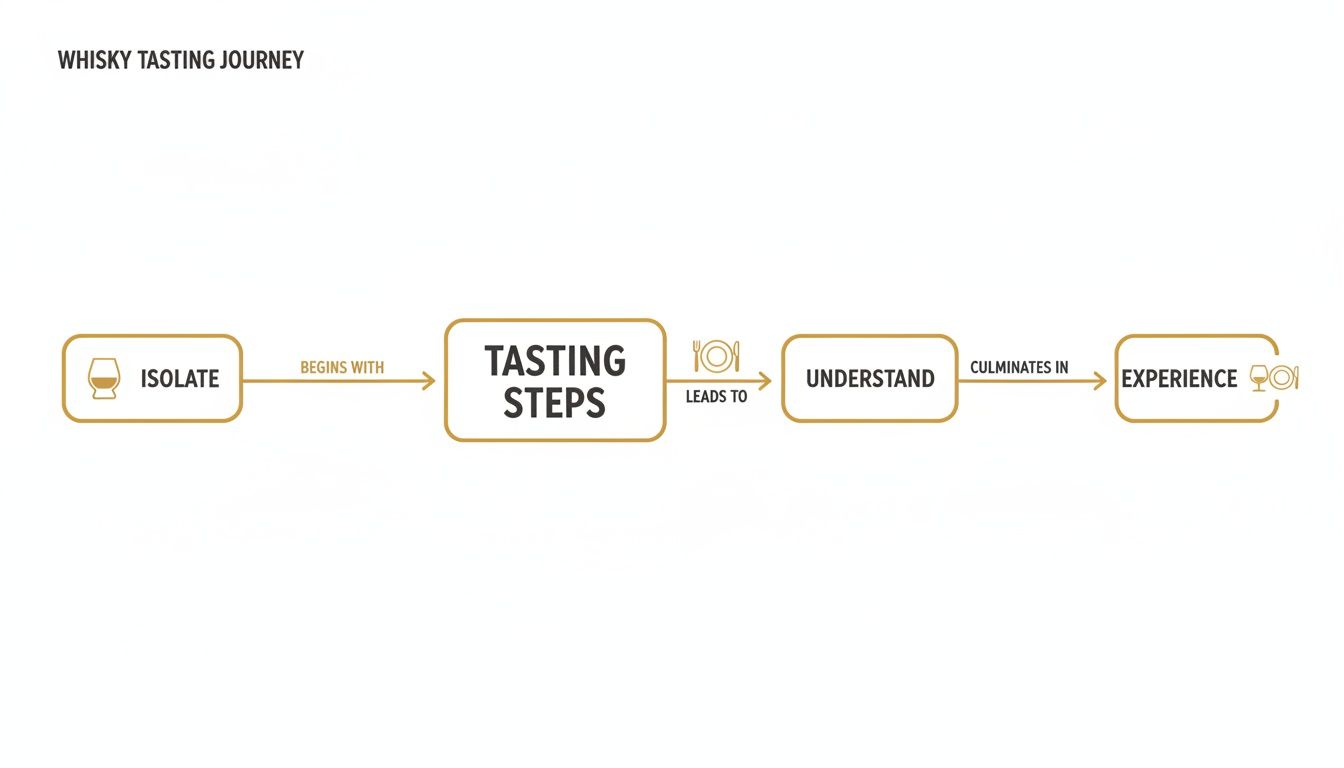Flowchart illustrating the 'Whisky Tasting Journey' with steps: Isolate, Tasting Steps, Understand, and Experience.