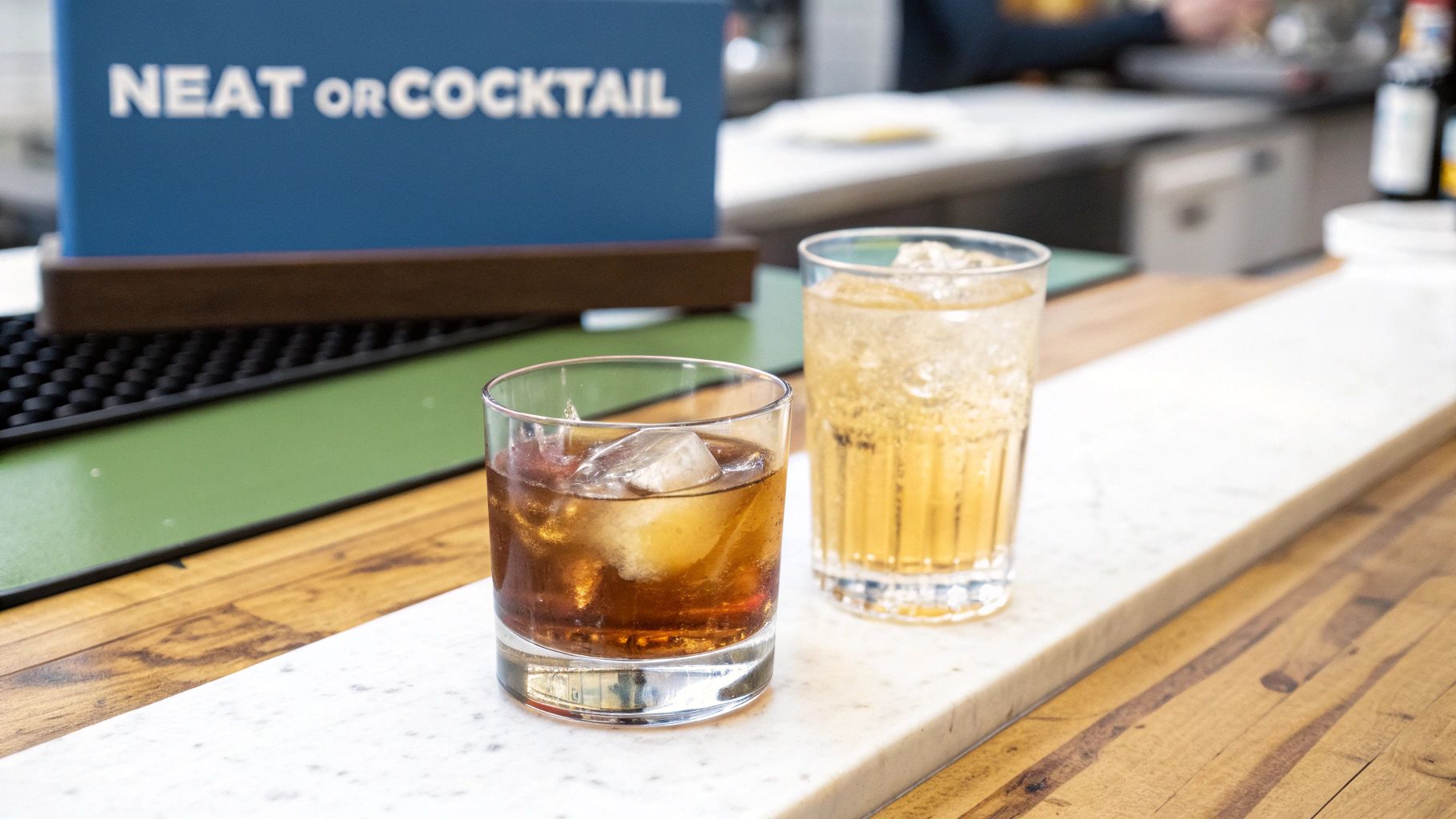Two whiskey cocktails, one an Old Fashioned and one a Manhattan, garnished and ready to drink.