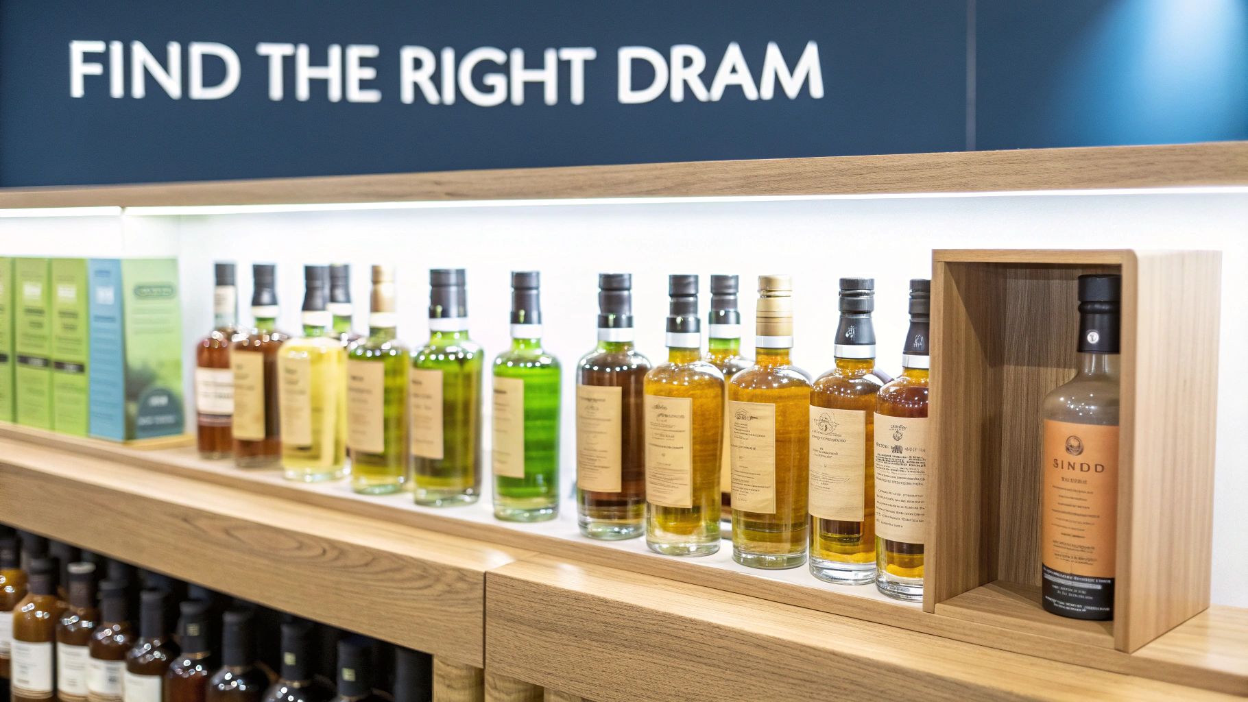 Several bottles of scotch whiskey lined up on a bar shelf.