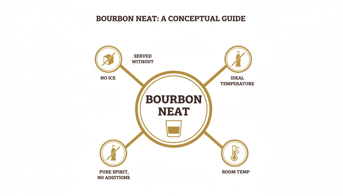 Infographic explaining how to drink bourbon neat: no ice, no additions, at room temperature.