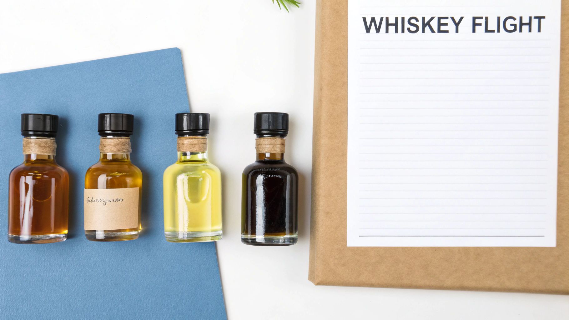 A curated flight of four whiskeys ready for tasting