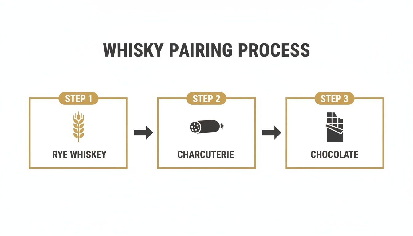 A diagram illustrating a whisky pairing process, showing rye whiskey, charcuterie, and chocolate in three steps.