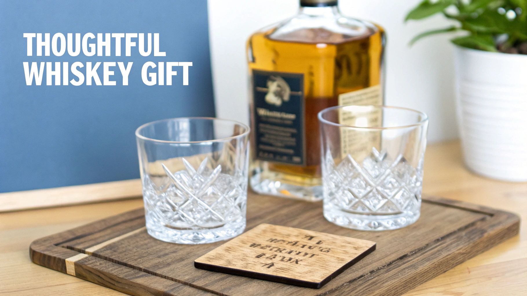A thoughtful whiskey gift set featuring a bottle, two ornate glasses, and a wooden coaster on a cutting board.