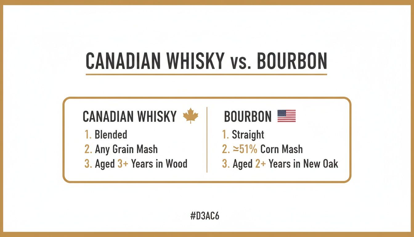 A side-by-side comparison chart detailing the key differences between Canadian Whisky and Bourbon, covering blending, mash, and aging.