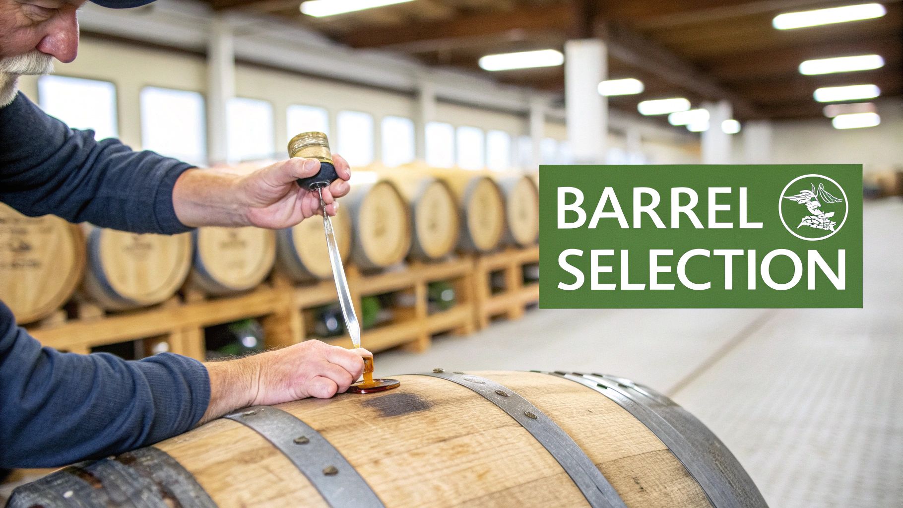 A person extracts amber liquid from a wooden barrel using a whiskey thief, in a distillery with a 'BARREL SELECTION' sign.