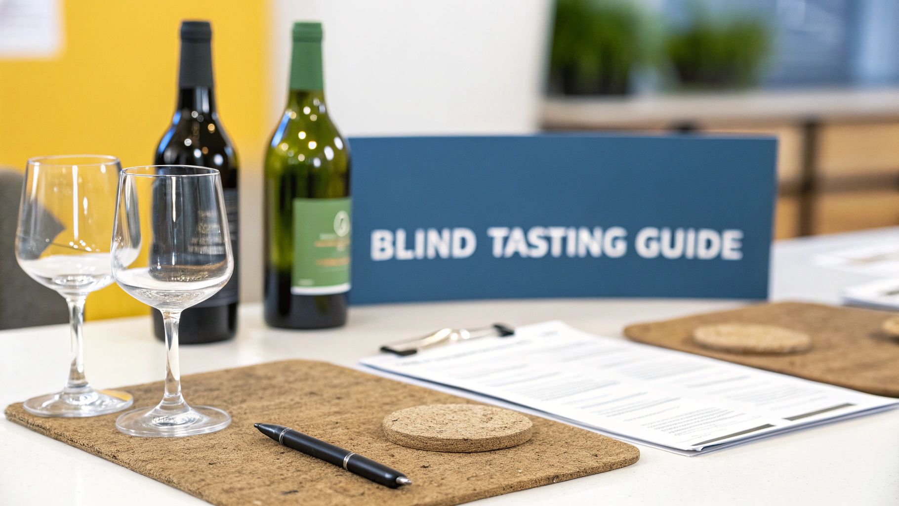 A table set for a blind wine tasting with bottles, glasses, a guide, and tasting forms.