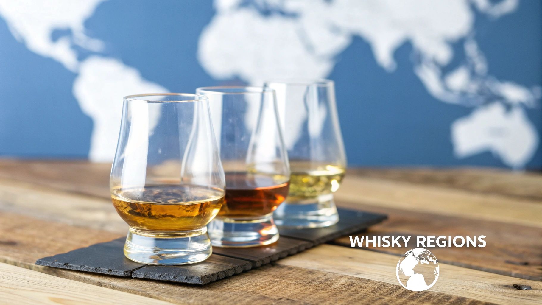 Glass of whisky next to a whisky bottle on a wooden table