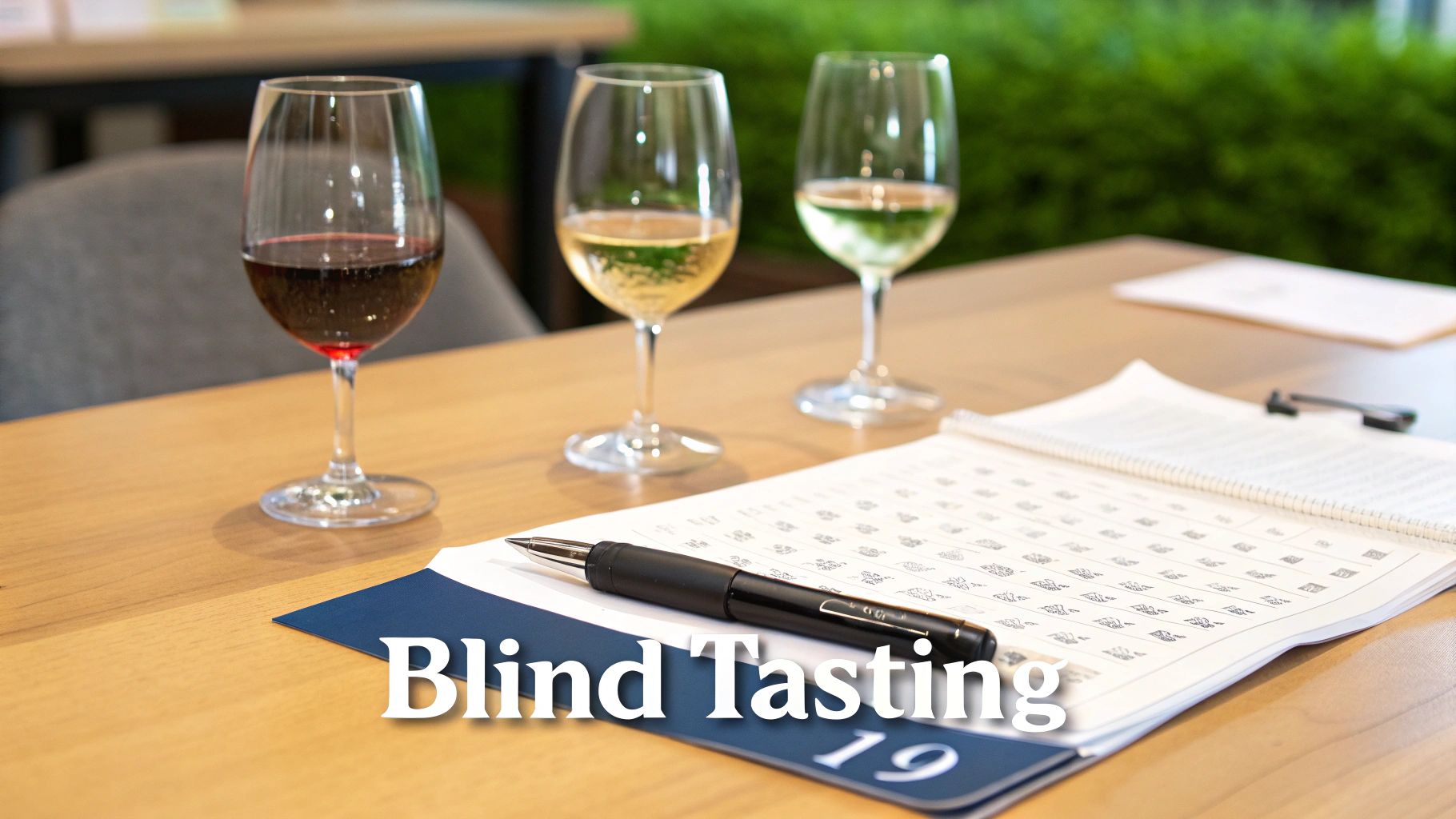 A table is set up for a blind wine tasting with three glasses of wine, a notebook, and a pen.