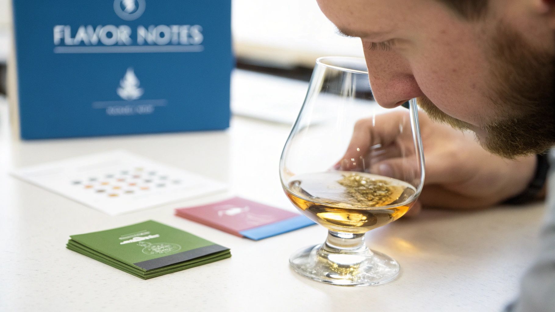 A person with a beard gently sniffs a glass of amber-colored whiskey during a tasting session.