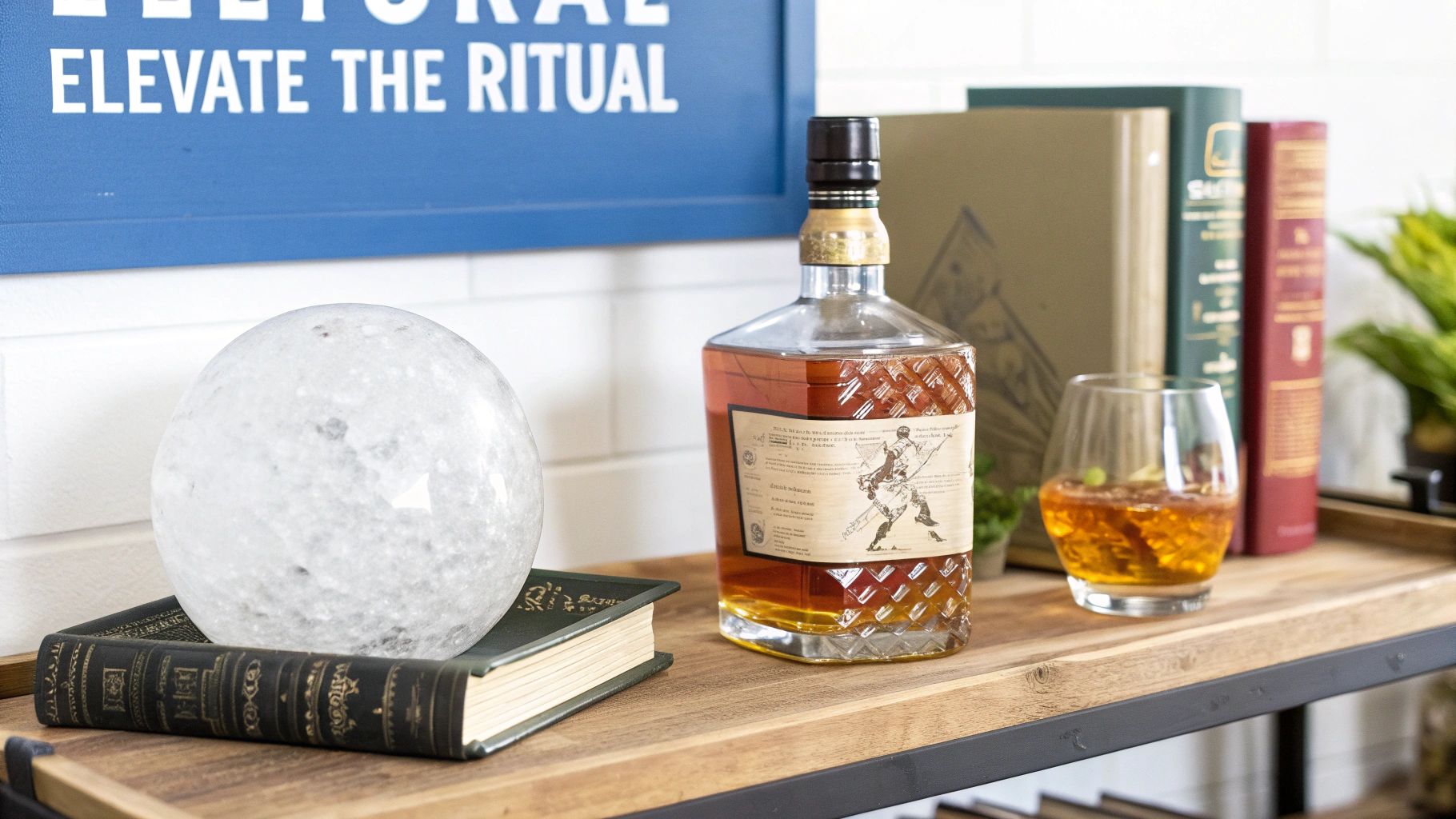A bottle of whiskey and a glass with ice sit on a wooden shelf next to a decorative moon orb and books.