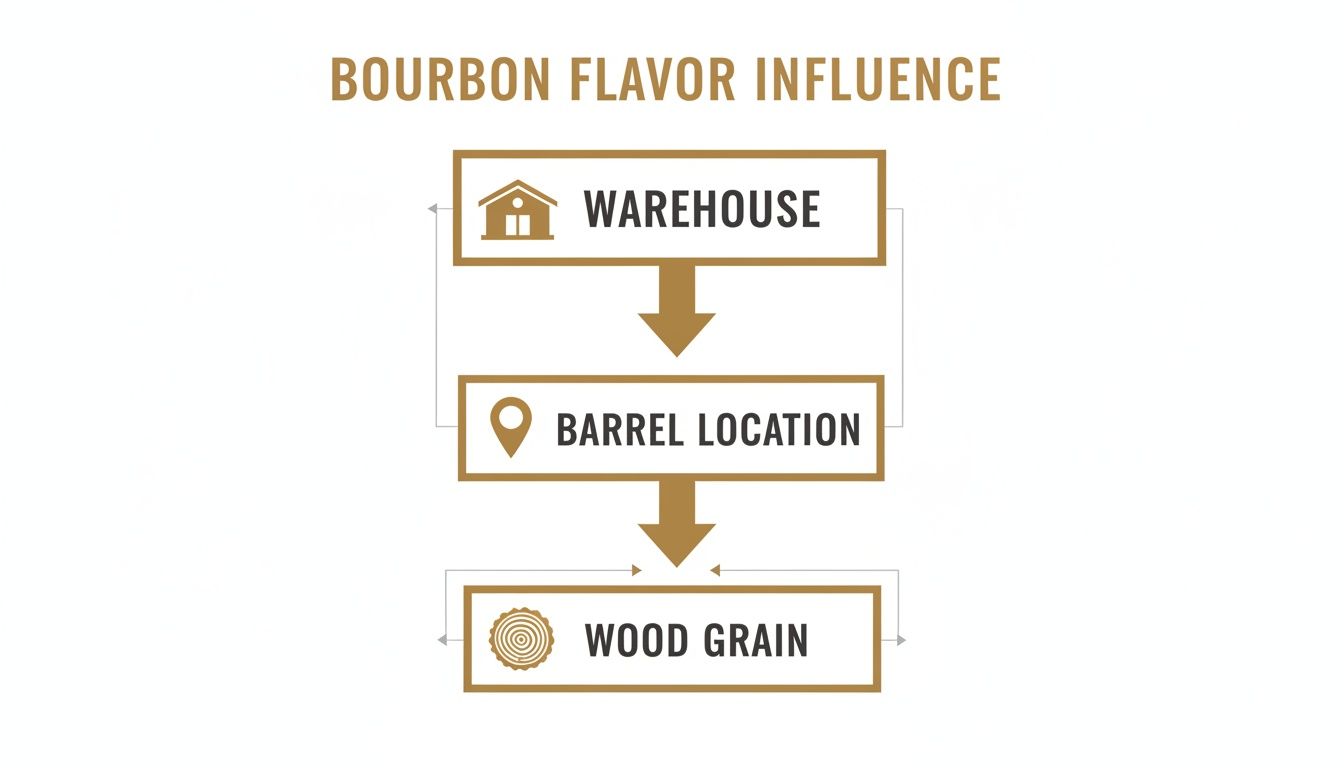 Infographic showing how warehouse, barrel location, and wood grain influence bourbon flavor development.