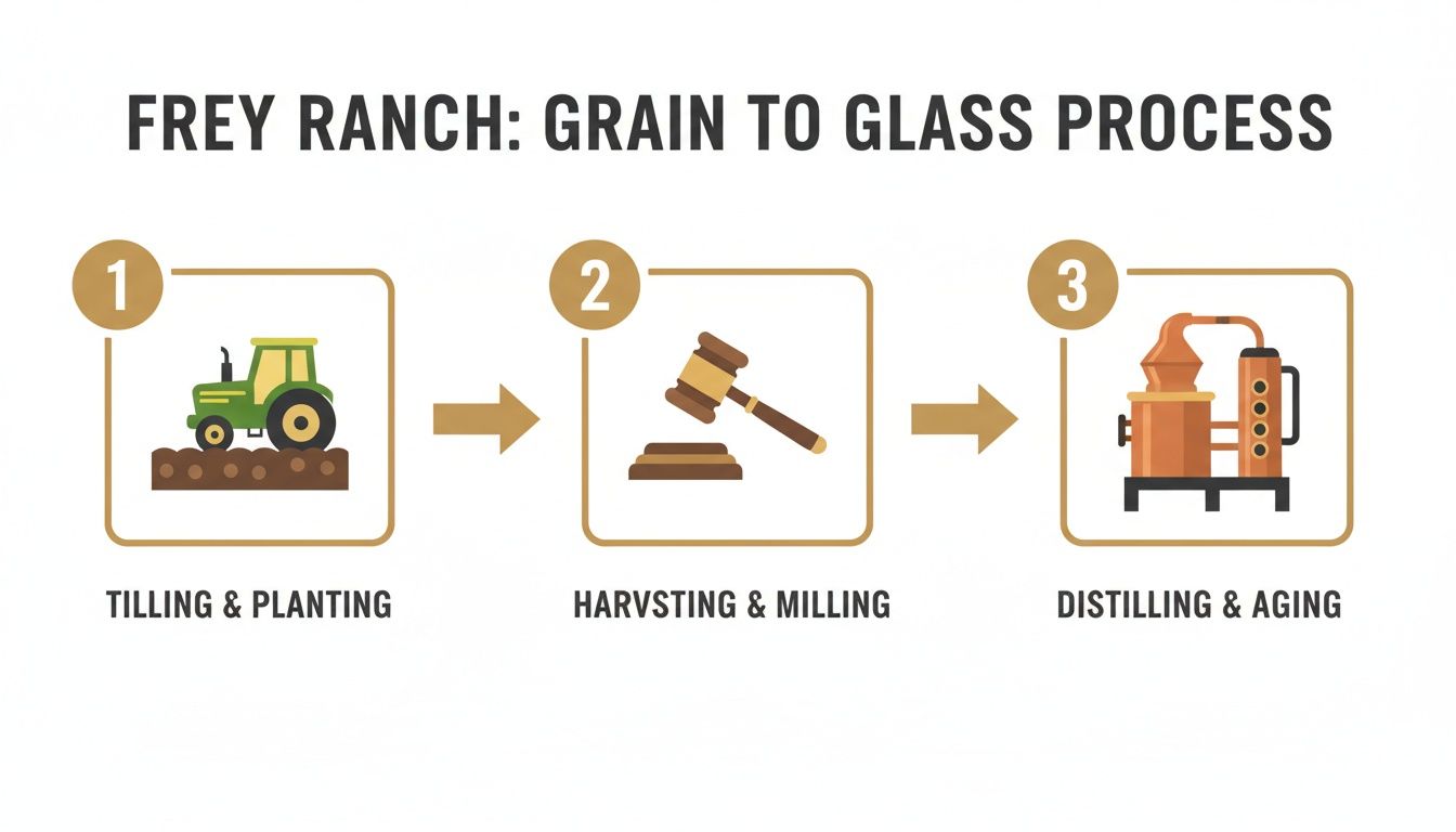 Frey Ranch's grain to glass process showing tilling, planting, harvesting, milling, distilling, and aging.