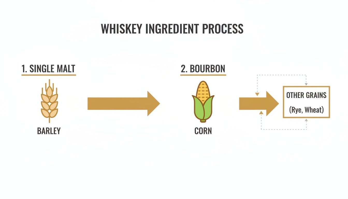 A diagram illustrating whiskey ingredients: barley for single malt, corn for bourbon, and other grains like rye and wheat.