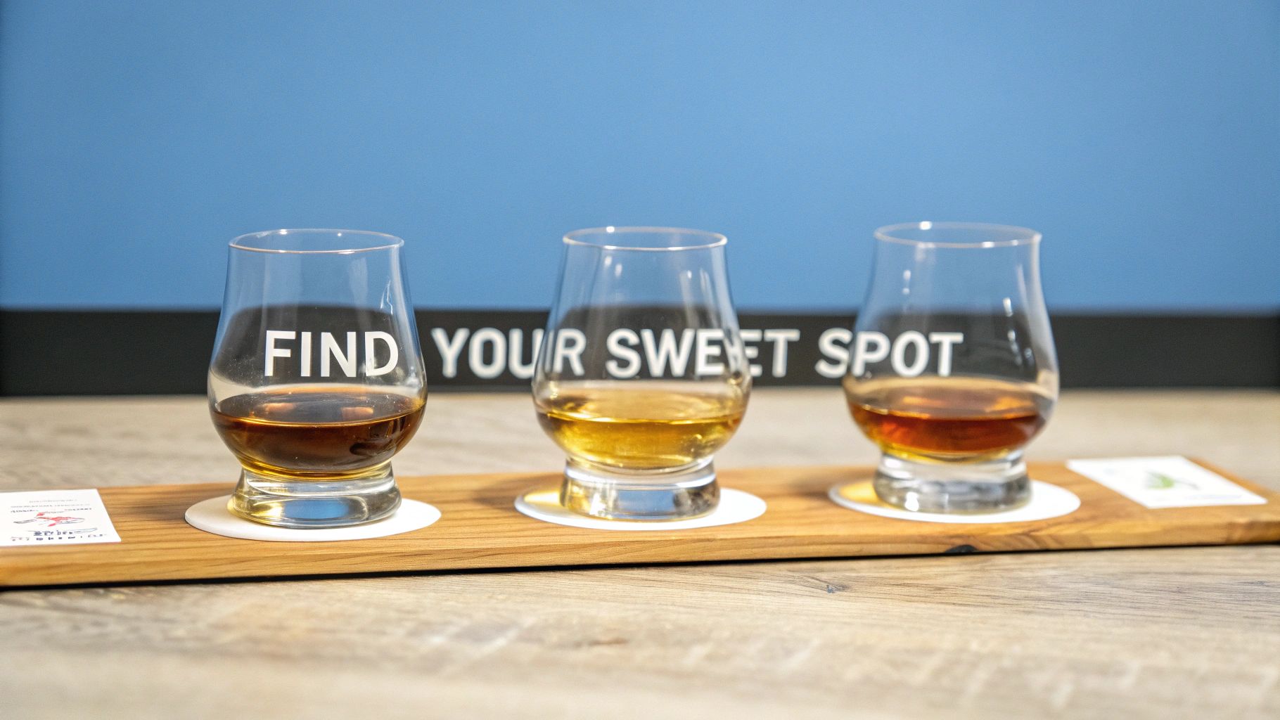 Three small glasses of bourbon lined up for a side-by-side tasting.