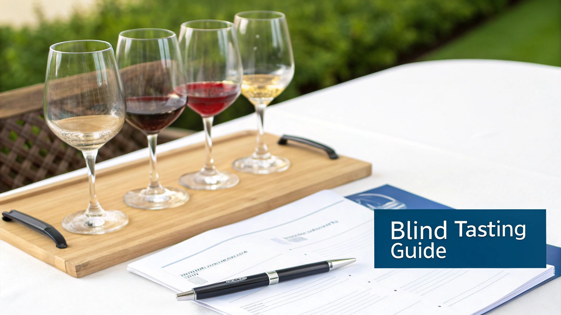 Four wine glasses, three filled, on a wooden tray with a blind tasting guide and pen outdoors.